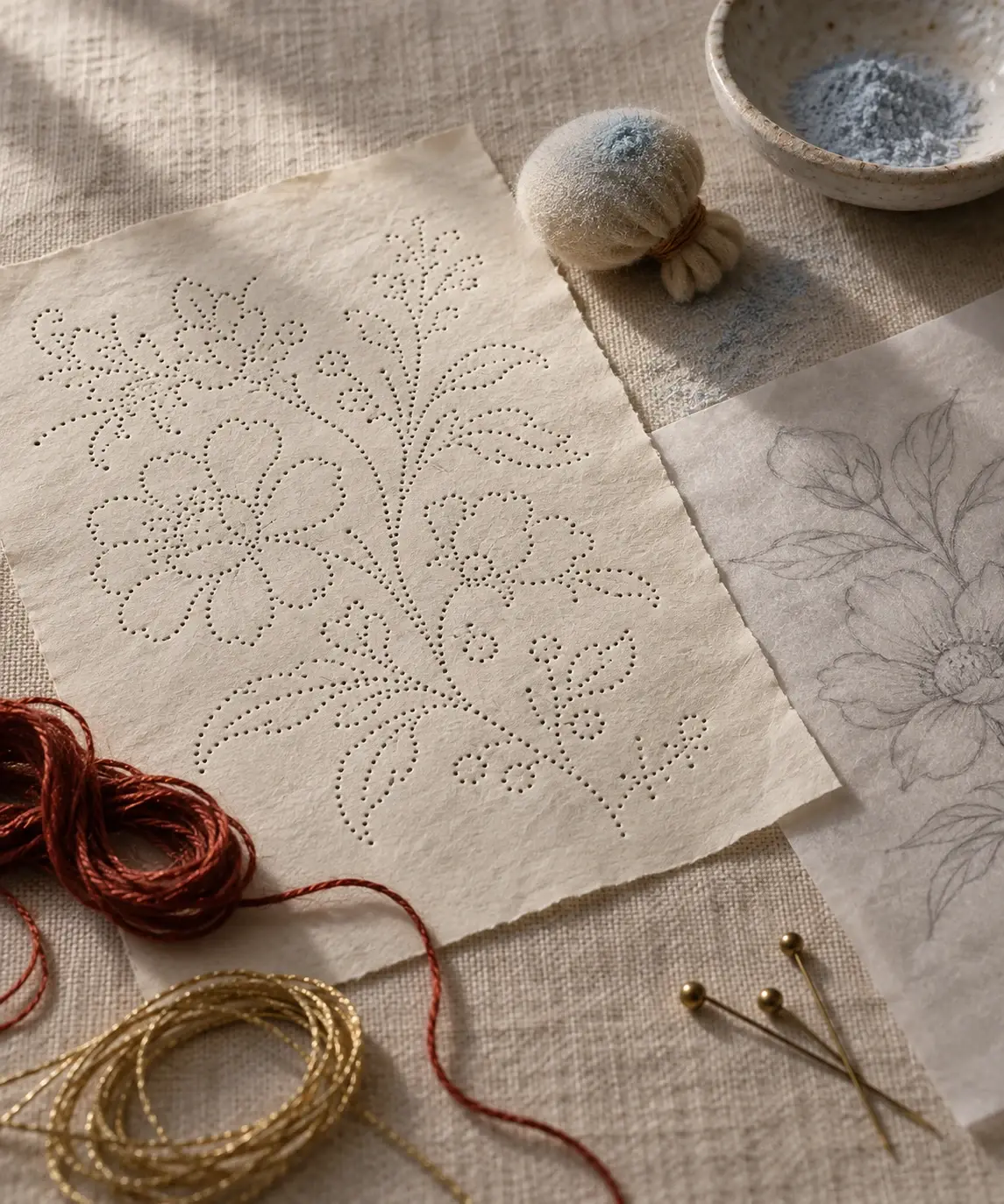 Poncif de papier piqué suivant un dessin floral, tampon à poncer et poudre bleue, croquis sur papier calque et épingles.