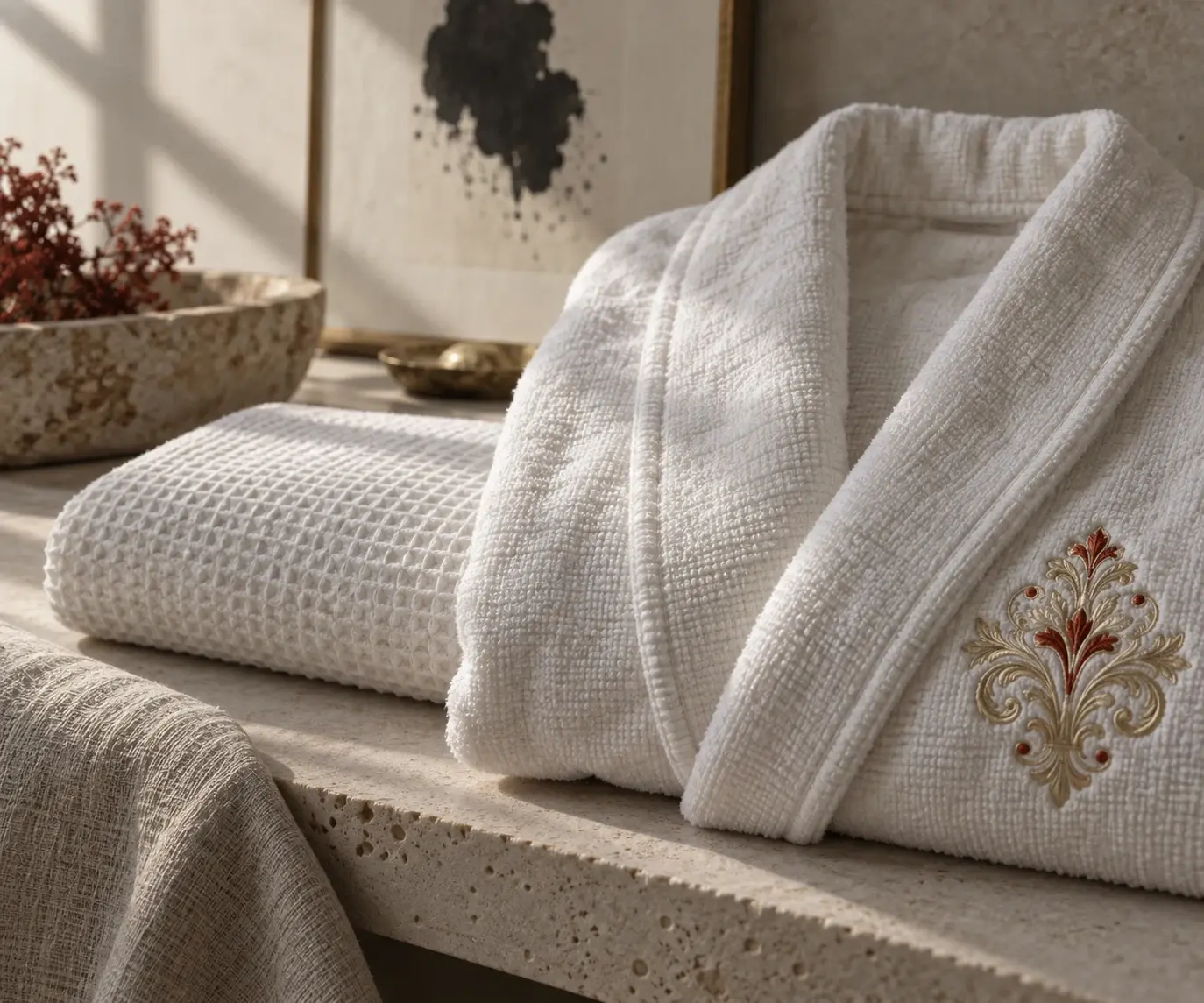 Serviette nid d'abeille et col de peignoir blancs, écusson brodé or et garance.