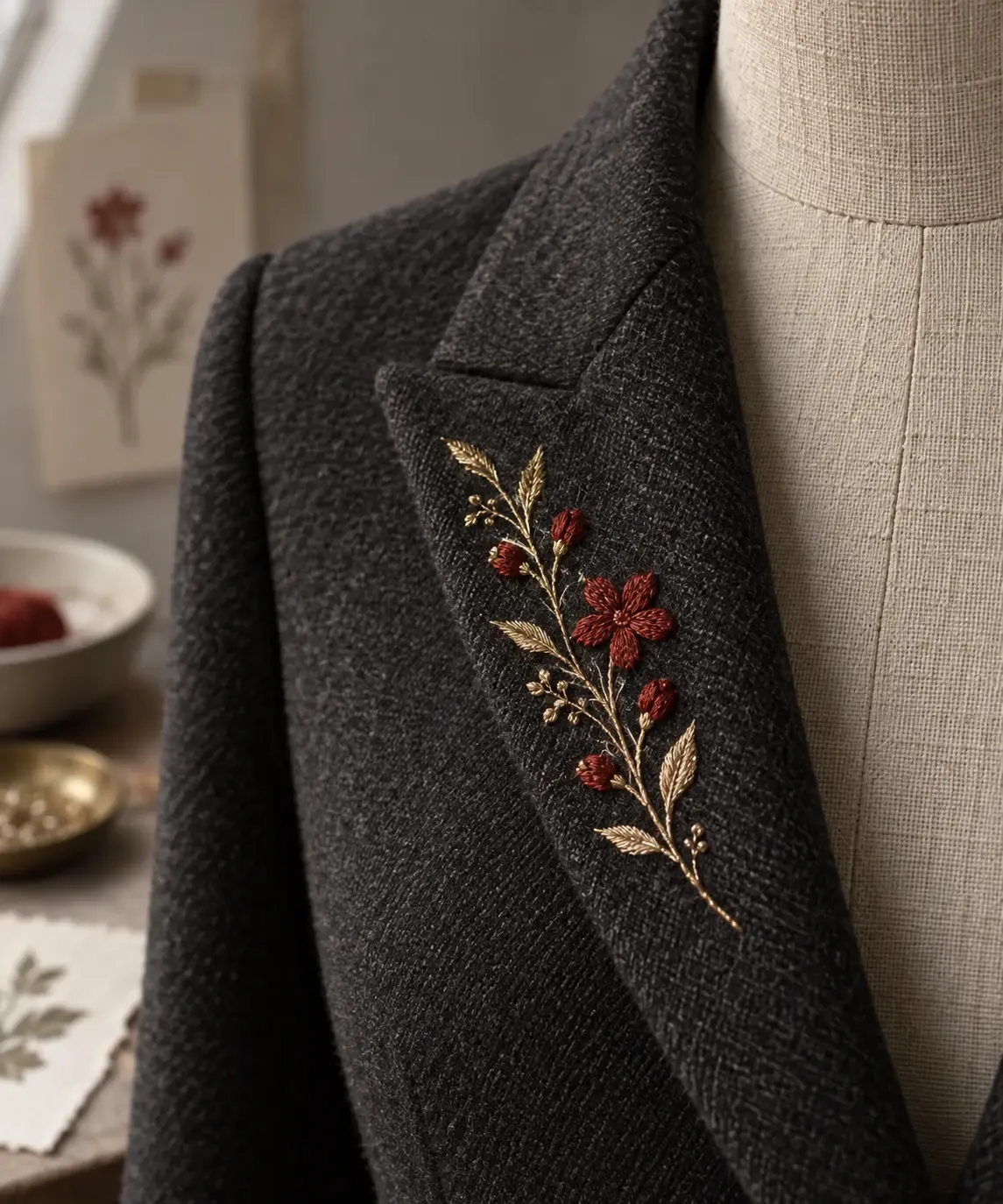 Revers d'une veste de laine anthracite brodé d'un rameau d'or et de soie rouge.